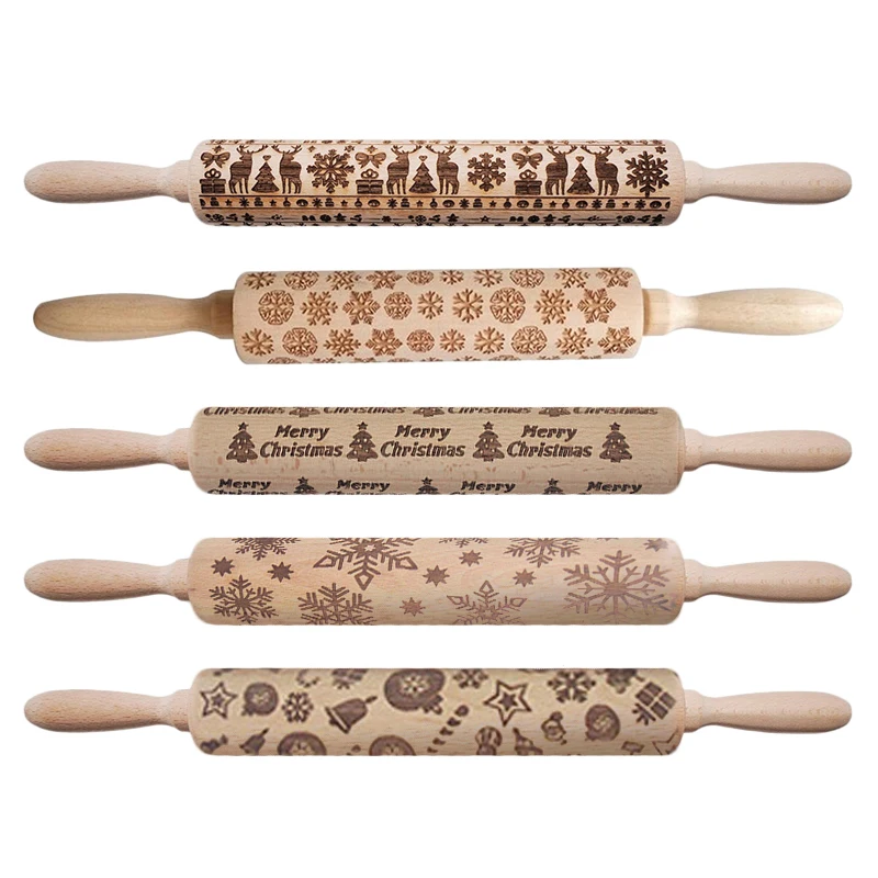 

Wooden Embossed Dough Rolling Pin Engraved Pastry Christmas Cake Cookies Baking Tool Stick Kitchen Roller