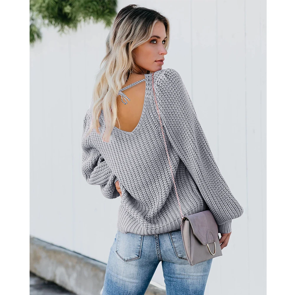 

Autumn Winter Hot Selling European American Popular Ladies Pure Color Loose Backless Lantern Sleeve V-Neck Knitted Sweater