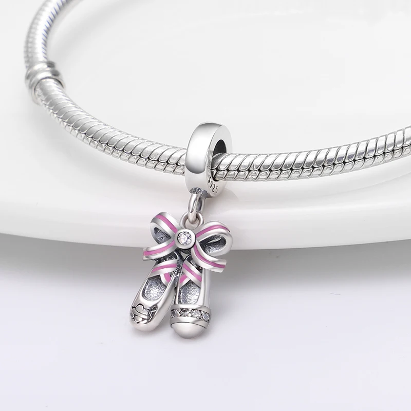 

New Style 925 Sterling Silver Retro Pink Shoes Suitable For Original Pandora Bracelet Making Ladies Fashion Jewelry Charm DIY