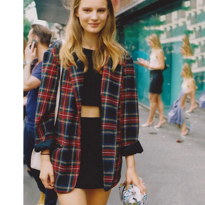 

Vintage Red Plaid Blazer Women Casual Loose Fashion Office Lady Jacket Coat Notched Long Sleeve 2020Autumn New Design Streetwear