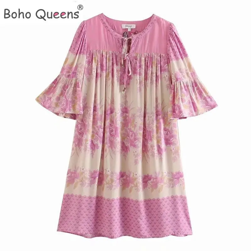 Boho королев для женщин с рукавами фонариками цветочной вышивкой пляжное богемное