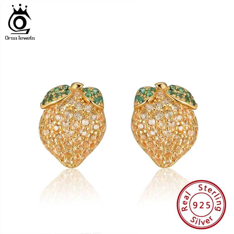 

ORSA JEWELS Original 925 Sterling Silver Elegant Stud Earrings Lovely Lemon Design Yellow CZ Special Gift Women Earrings EQE17