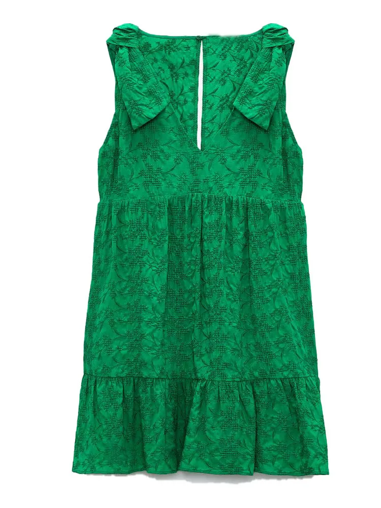 

ZA summer new women's sweet V-neck halter bow flower embroidery short jumpsuit