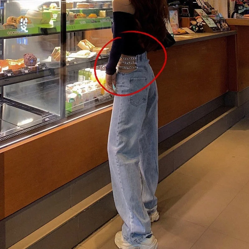 Women High Waist Korean Loose Casual Wide Leg Denim Pants 2023 Sexy Chain Fashion Trouser Boyfriend Jeans Female Streetwear Pant