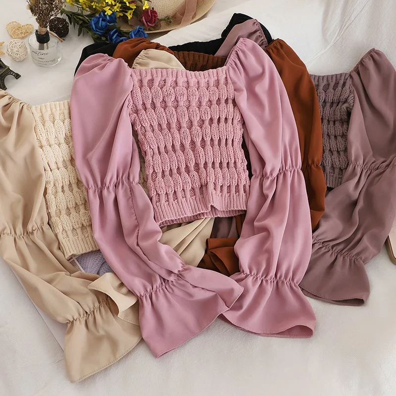 

Women Sweet Blouse Autumn Solid Color Slash Neck Knitted Patchwork Tops Flared Long Sleeve Chiffon Casual Blouse