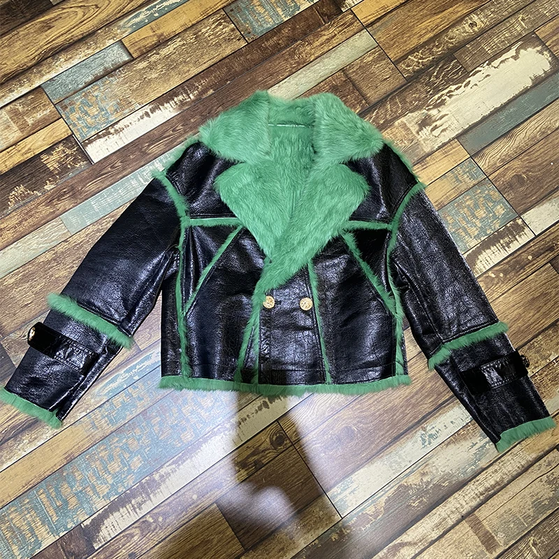 2021 Winter Women Green Color Real Skin Rabbit Fur Inner Warm Short Fashion Jackets Real Rabbit Fur Collar Ladies Outwear