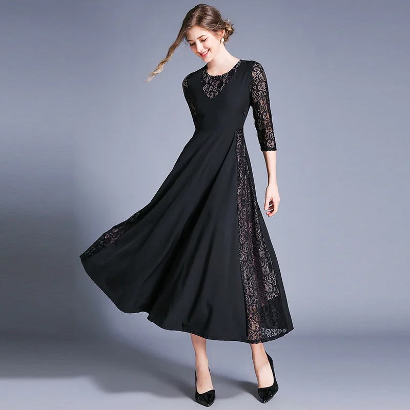 

New Elegant Vintage Fashion Women Lace Patchwork Slim Tunic High Waist Evening Party Dress Lady Long Sleeve Big Swing Dresses