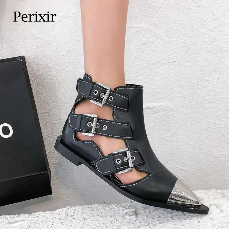 Женские ботинки с металлическим острым носком на ремешке пряжкой | Обувь