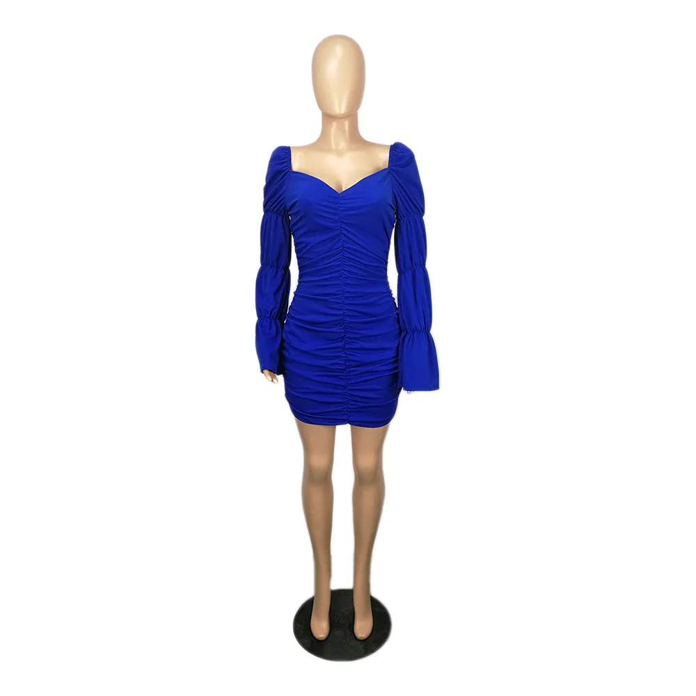 

2021 Solid Color Backless Flare Sleeve Vestido Deep V-Neck Pleated Mini Dresses Sexy Bodycon Empire Waist Package Hip Robe Femme