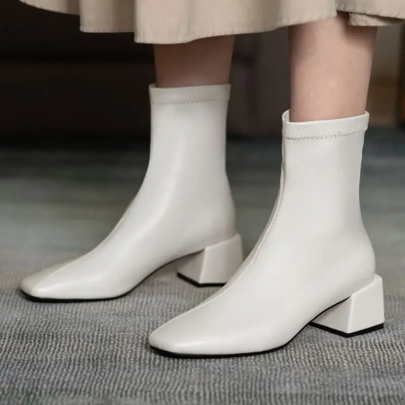 

KemeKiss Women Short Boots Fashion High Heel Winter Shoes Woman Warm Square Toe Stretch Boot Casual Daily Footwear Size 34-39