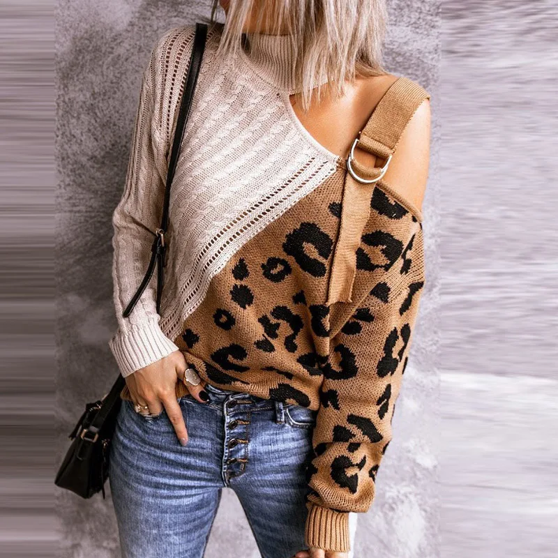 

3XL Sexy Off Shoulder Turtleneck Knitted Sweater Women Leopard Print Patchwork Pullover Tops Ladies Casual Long Sleeve Sweaters