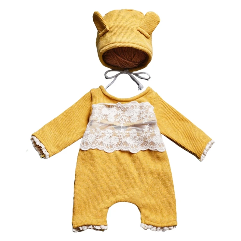 Mono de mameluco con orejas T5EC para beb&eacute;s, Kit de ropa para sesi&oacute;n de fotos, trajes, sombrero de beb&eacute;, conjunto de Mono para fotograf&iacute;a de reci&eacute;n nacido, 2 uds.-4