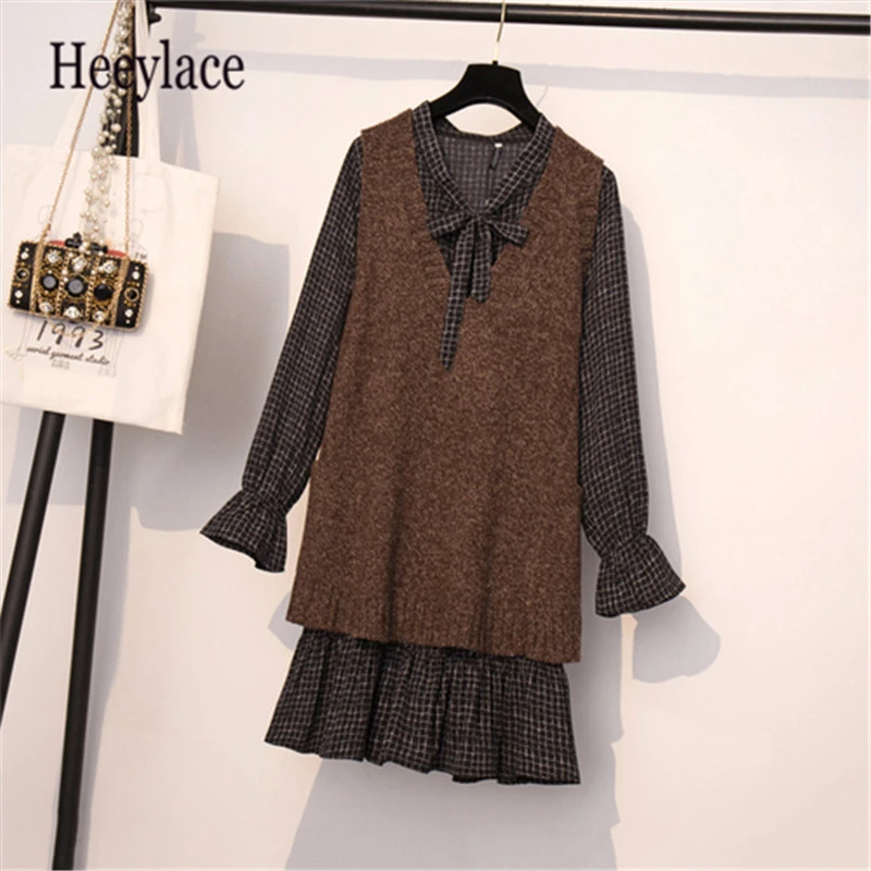 Комплект из двух предметов для женщин размера плюс осень 2019 Свободный вязаный