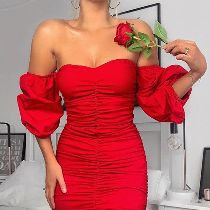 

New Red Pleated One Shoulder Dresses For Women Fashion Party Long Sleeve Spring Autumn Knee-Length Female Dress Vestidos