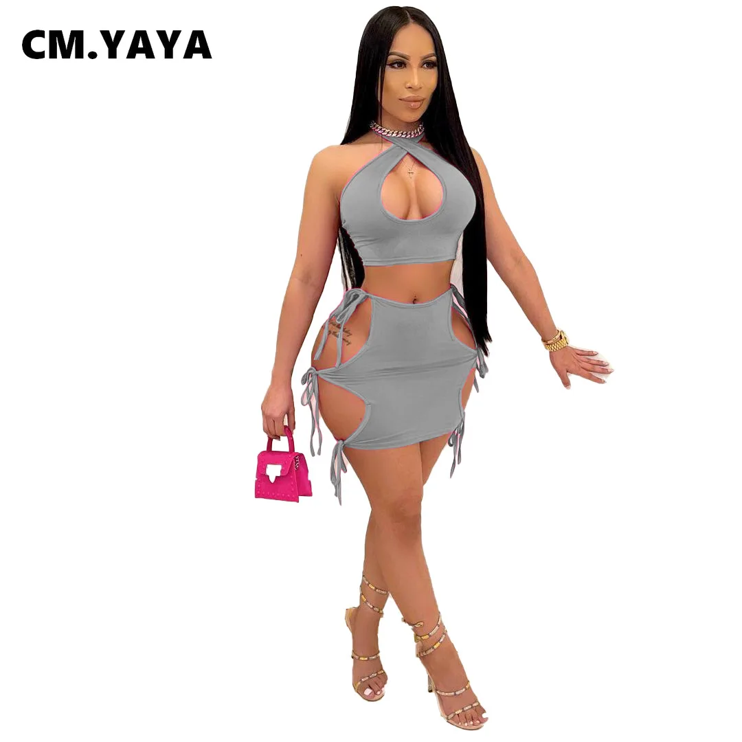 Женский пляжный костюм-двойка CM.YAYA короткий топ и мини-юбка на шнуровке 5 цветов -