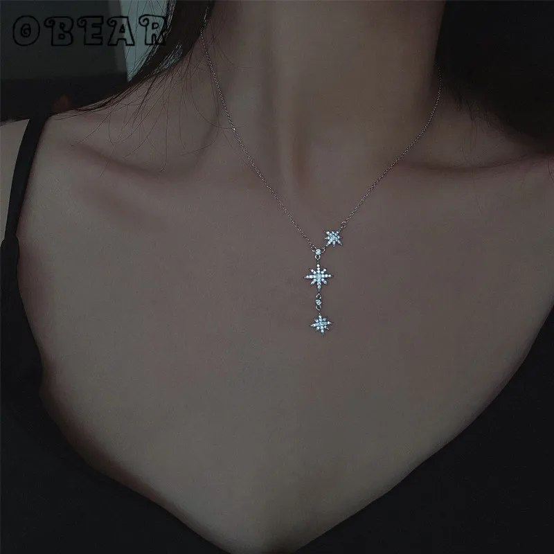 OBEAR Women's Zircon Star Pendant Necklace Silver Plated Choker for Wedding Party Jewelry Gift image 2