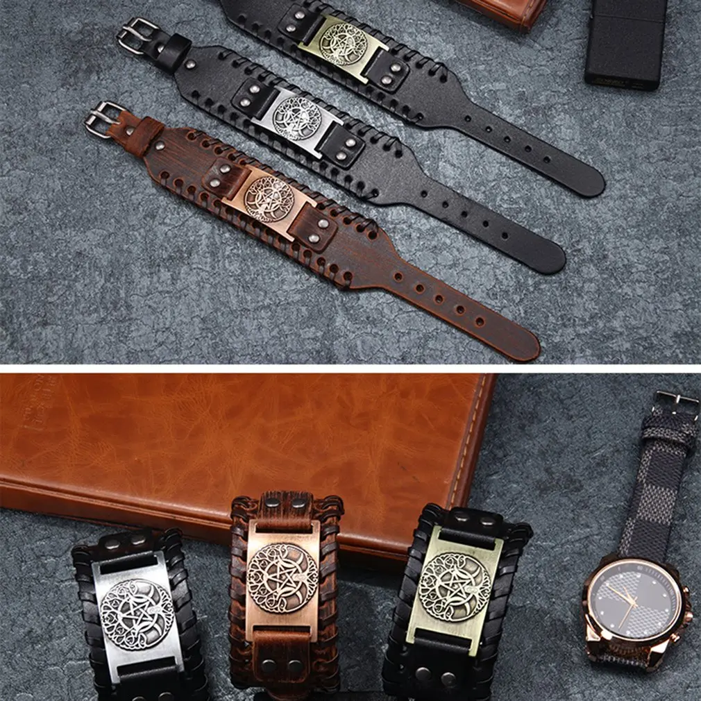 Винтажный кожаный браслет Moon Tree Life трендовый из ювелирного сплава с пентаграммой