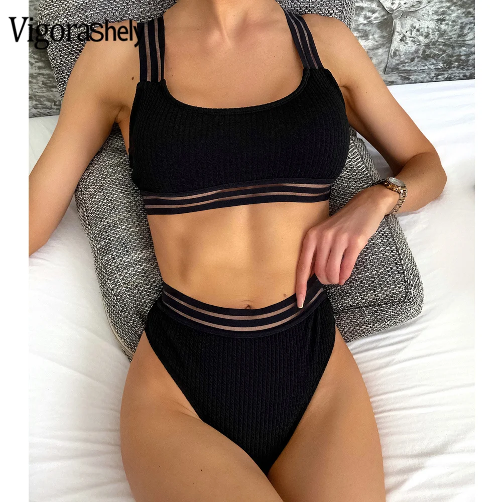 

Vigoshely Black Mesh Strapped Swimwear Women Sexy High Waist Bikini Set 2022 Push Up Swimsuit Backless Summer Beach Bathing Suit