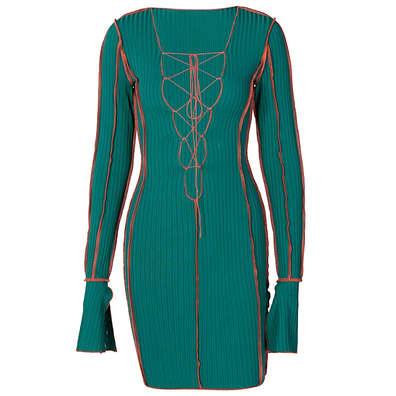

Skennyee Lace Up Deep V Neck Ribbed Long Sleeve Bodycon Dresses Women Patchwork Hot Club Partywear Sexy Fashion Mini Dress Fall