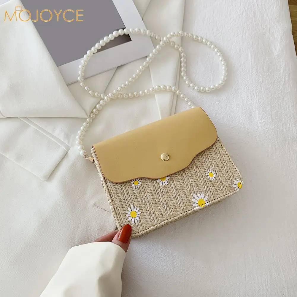 

Fashion Women PU Leather Woven Patchwork Little Daisy Embroidery Crossbody Shoulder Messenger Bag Casual Ladies Pearl Chain