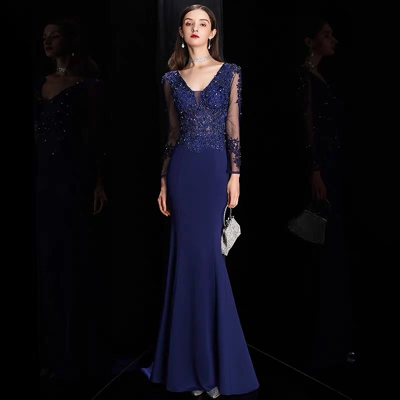 

Mermaid Navy Blue Celebrity Dresses Long Sleeves V Neck Applique Beading Women Ceremony Banquet Party Formal Evening Prom Dress