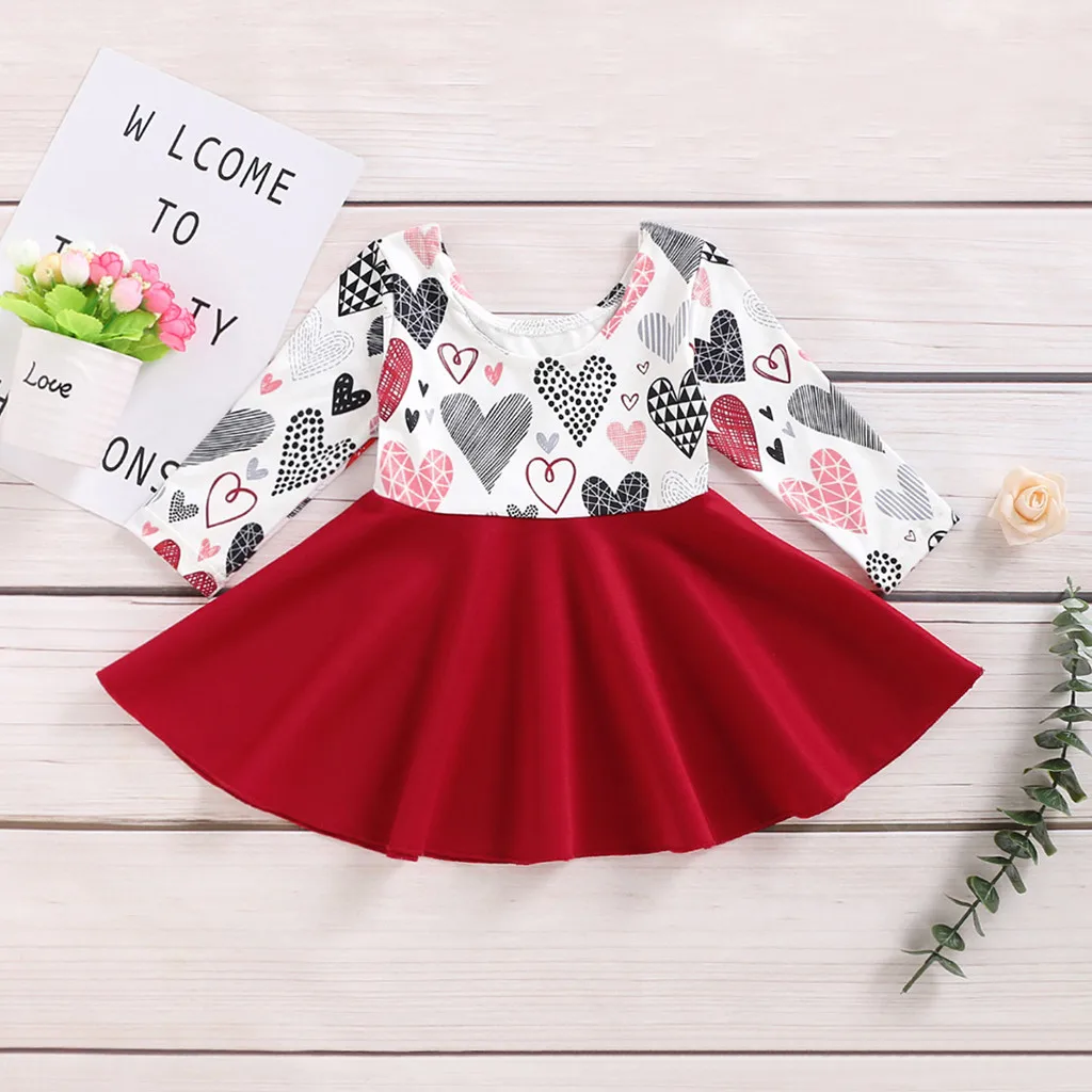 Children Girl Round Neck Long Sleeve Valentine Heart Print Princess Dress Платье Для Девочки | Детская одежда и