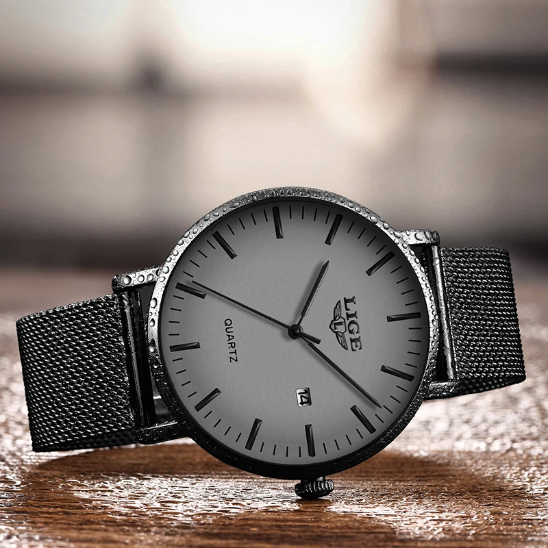 Новинка серые наручные часы LIGE из нержавеющей стали высокое качество