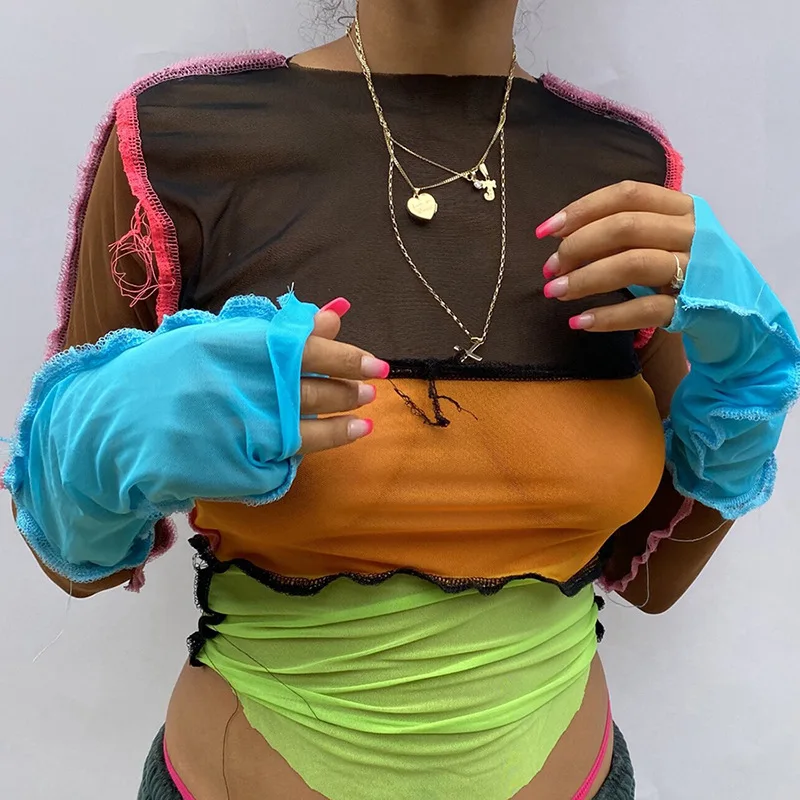 

Y2K 2021 весна осень лоскутный сексуальный женский топ с вырезами и завязкой спереди с длинным рукавом Популярный облегающий клубный день рожд...