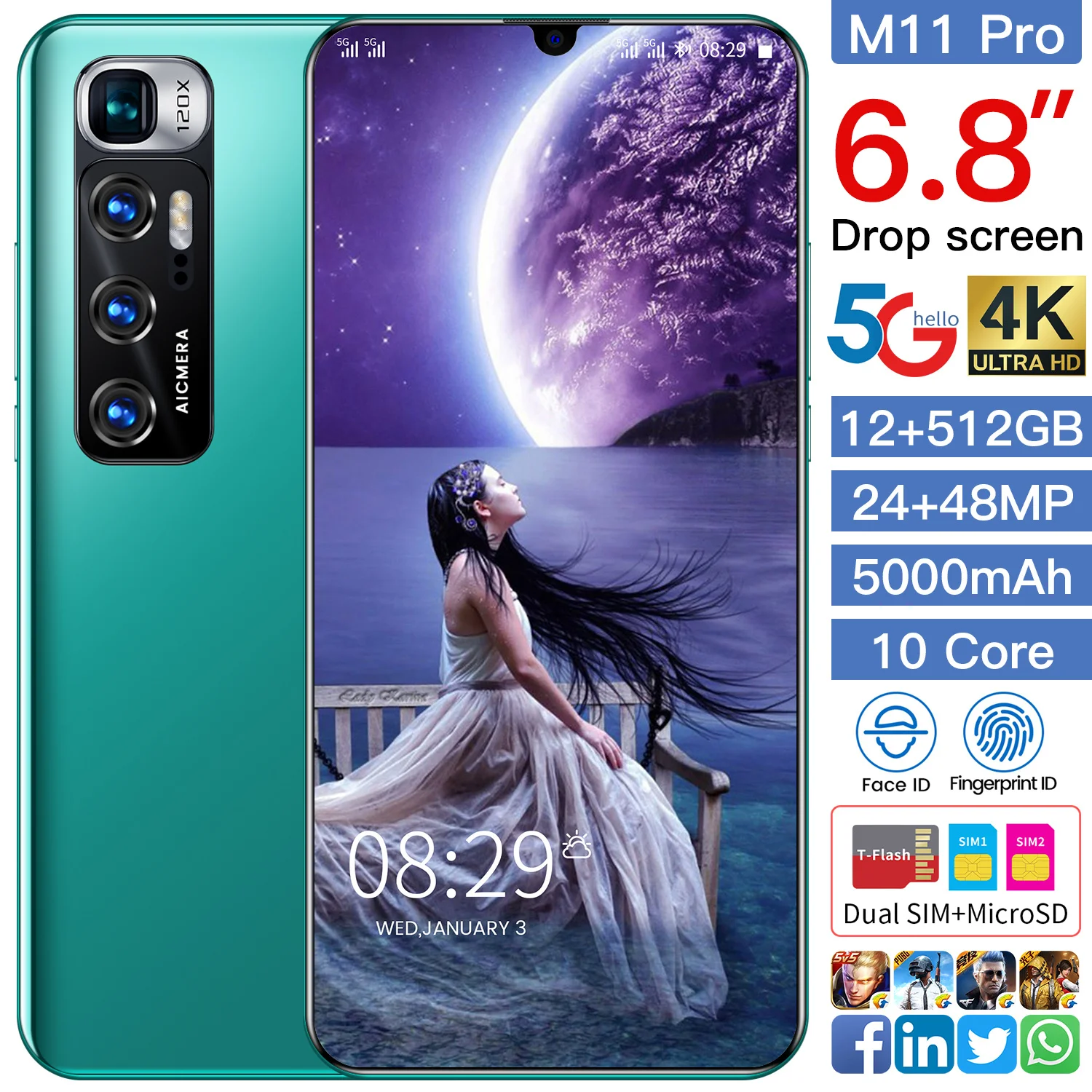 

M11 Pro Andriod Smartphones 6.8 Inch Water Drop Screen Face ID Andriod 10 Core 4G 5G LTE 5000mAh Mobile Cellphones 1440*3200 New