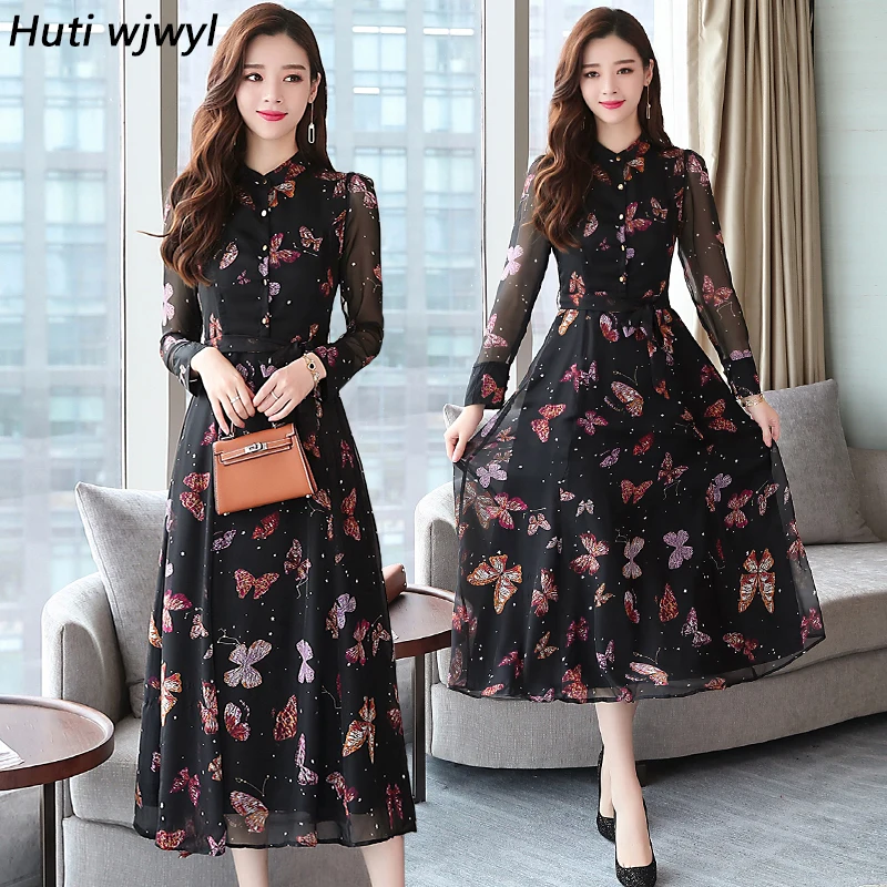 Женская осень и зима новое ретро цветочные миди XL шифоновое платье большого
