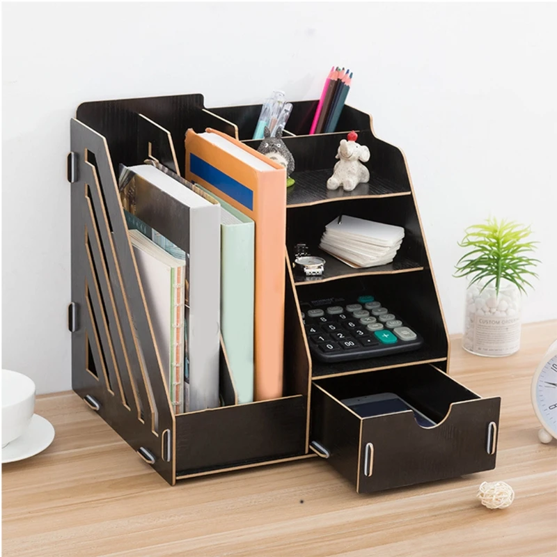 

Wooden File Racks Desktop Organiser DIY Desk Tidy Stationary Storage Cabinet with 2 A4 File Holder Sections