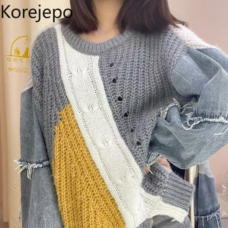 

Женский джинсовый свитер кореjepo в стиле пэчворк, новинка 2021, популярные ранние осенние винтажные свободные вязаные топы в сеточку с круглым...