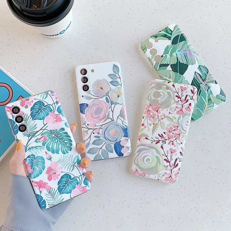 

Marble Phone Case For Samsung Galaxy A52 A72 A12 A42 A22 S21 Ultra S21FE S21 Plus Camera Protection Laser Flower Leaf Back Cover