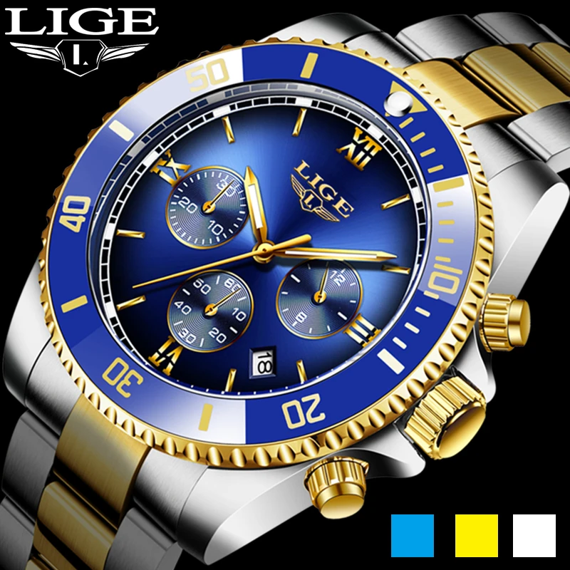 Часы наручные LIGE Мужские кварцевые модные брендовые роскошные стальные
