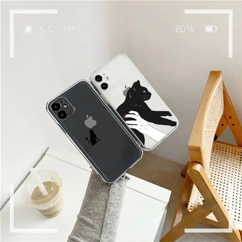 

Cute animal cartoon black cat Phone Case Transparent soft For iphone 12 11 13 7 8 6 s plus x xs xr pro max mini