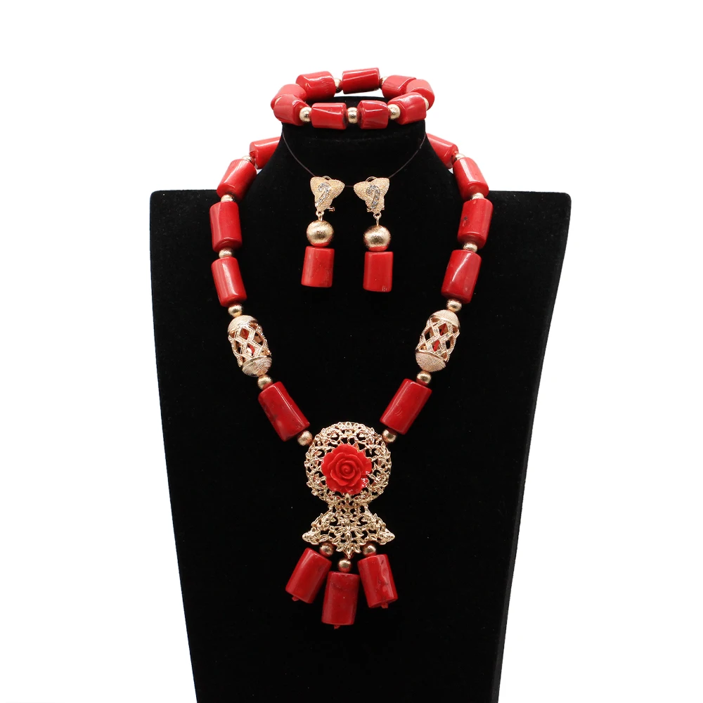 Trendy Real Coral Red African Coral Beads Jewelry Set Quality Gold Nigerian Wedding Party Jewelry Set ABG054