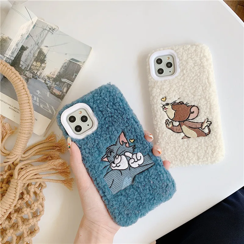 Чехол для телефона из меха Тома и Джерри для iPhone 11 Pro Max XR X XS 7 8 Plus 6 6 S теплый милый мягкий плюшевый чехол-накладка с мультяшным котом и Мышкой