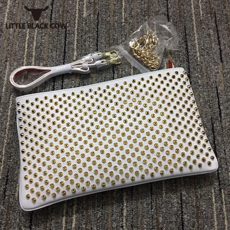 

Rivet 100% Cowhide Real Leather Chains Shoulder Bag Female Black Clutch Purse Famous Brand Party Office Envelope Bags Women