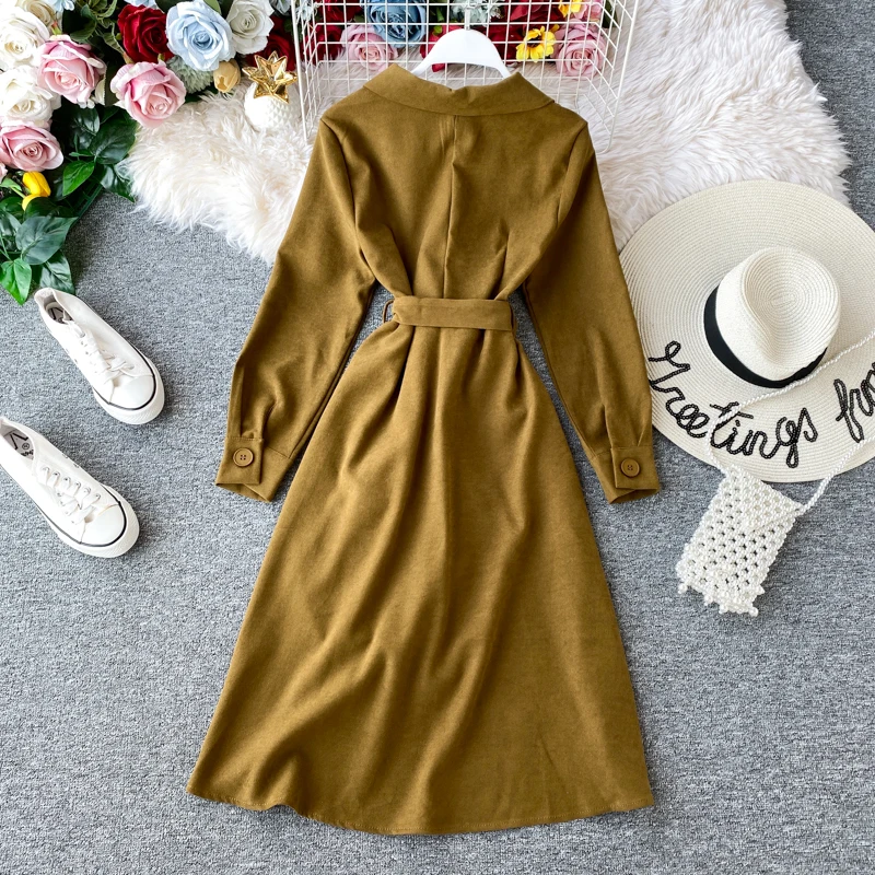 SINGRAIN Women Irregular Long Corduroy Dress Winter Streetwear French Office Warm Sleeves Autumn Vintage Shirt |