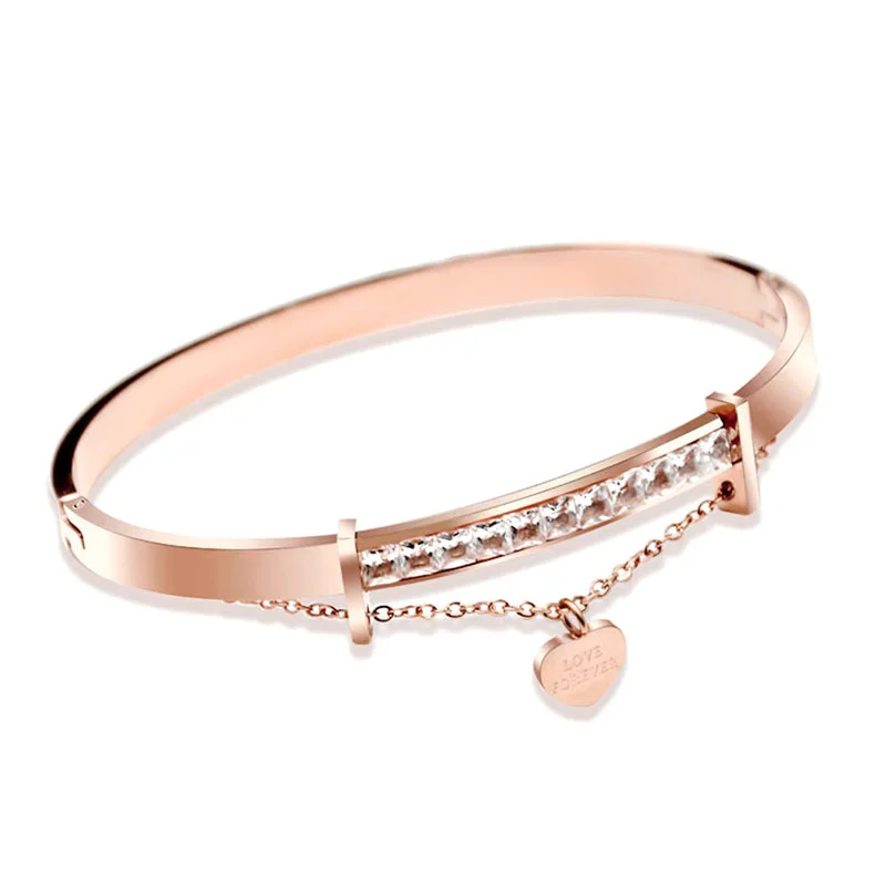 

Hot Sale Rhinestone CZ Heart Charms Silver Color / Rose Gold Color / Gold Color Stainless Steel Bangle