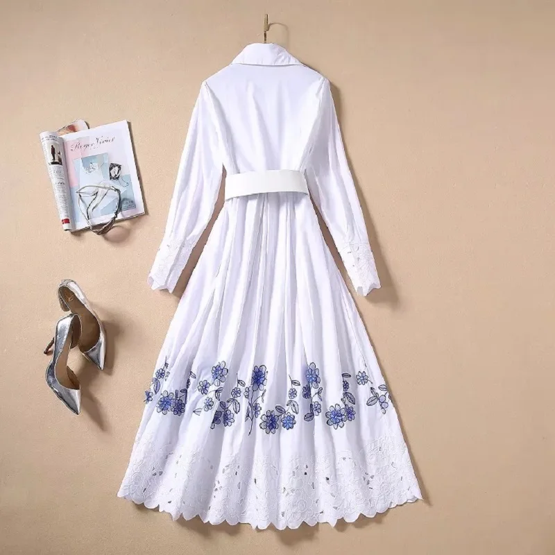

Dress Cotton Long 2021 Spring Autumn Style Women Turn-down Collar Blue Color Block Embroidery Patchwork Long Sleeve Dress Maxi