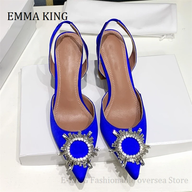 

Spring Women Sunflower Crystal Embellished Pumps Colouful Silk Hoof Heels Slingbacks Pumps Pointed Toe Wedding Party Shoes Women