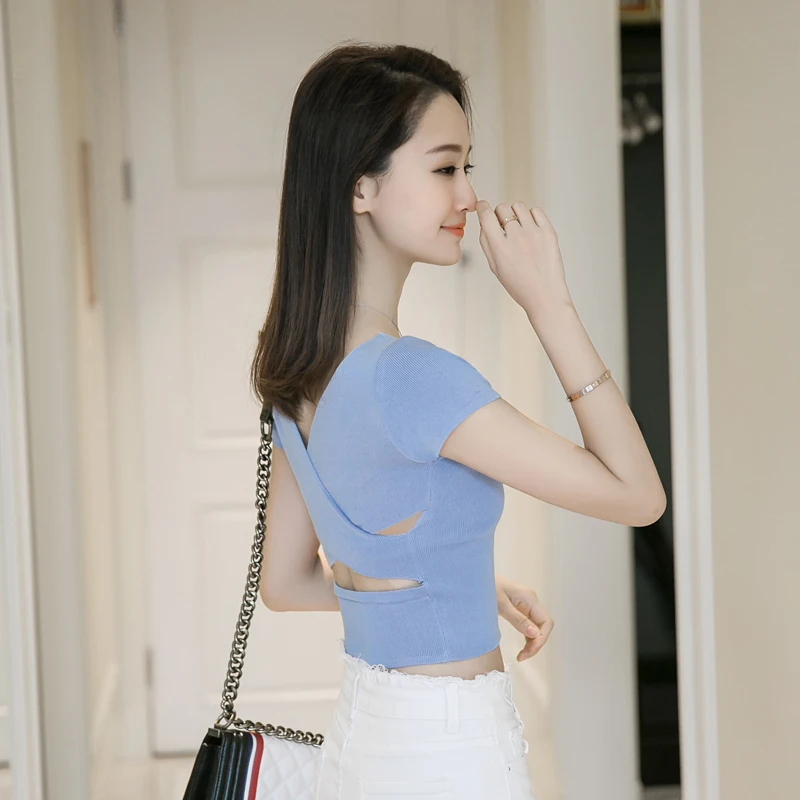 ТРИКОТАЖНЫЙ УКОРОЧЕННЫЙ ТОП в Корейском стиле уличная одежда с вырезами на спине
