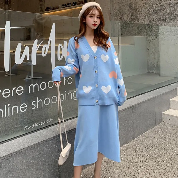 Autumn Winter Women Elegant Love Heart Knitted Cardigan Sweater+High Waist A-Line Skirt 2 Piece Set Loose Knitted Midi Dress Set - Цвет: Синий