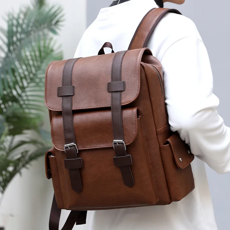 

Casual Large Soft Leather Mens' Shoulder Backpacks bag High quality PU Leather 15.6 Inch Notebook Backpack School bag Ruckpack