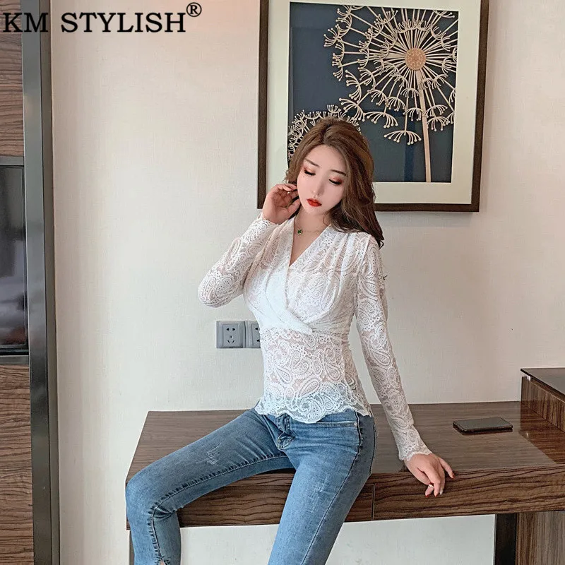 Черная кружевная блузка рубашка с вышивкой прозрачные открытые женские осенние