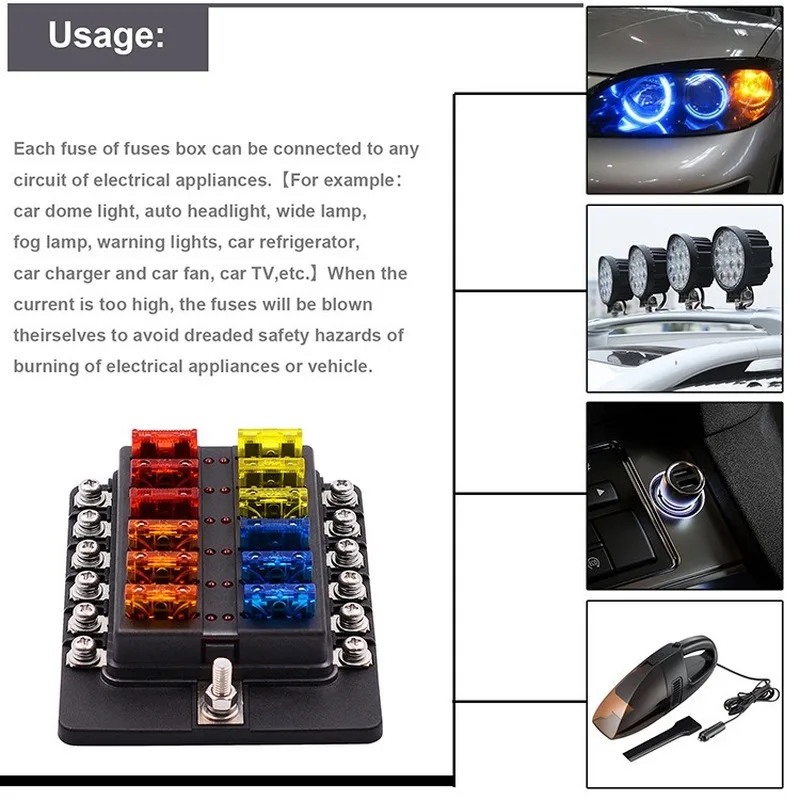 

12V 32V Car Fuse Box Holder M5 Stud With LED Indicator Light 12 Ways Blade for Automotive Car Boat Marine Trike