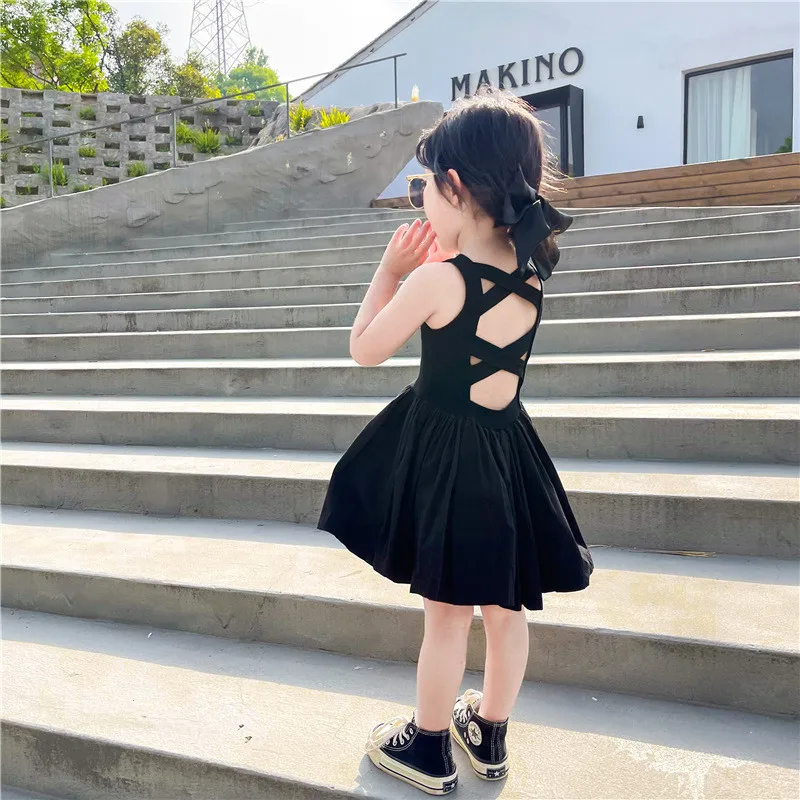 

Summer 2021 Girls Dress Summer Cute Dress Sleeveless Backless Black Solid Cute A-line Cute Princess Dress 18M-6T