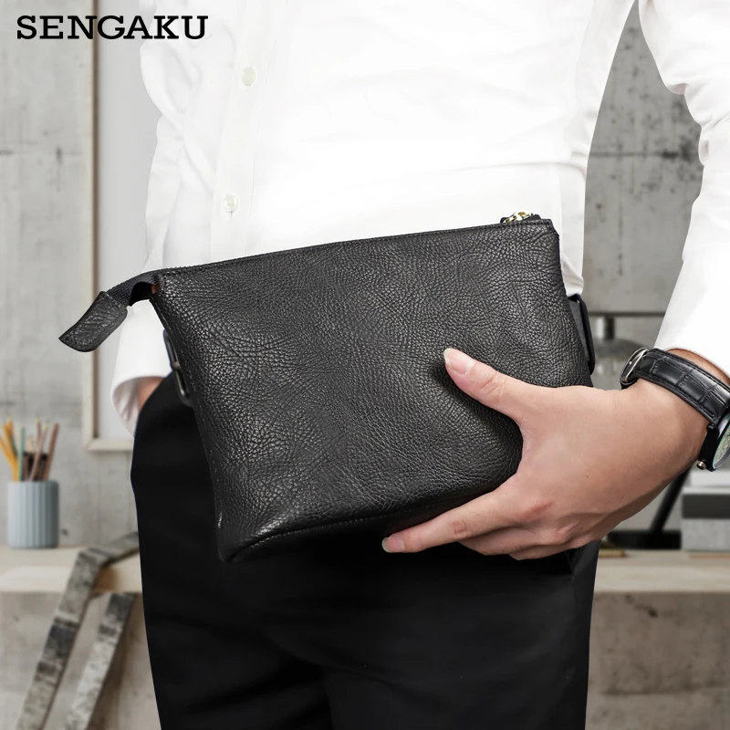 Genuine Leather 7.9 Inch Men Clutch Bag Classic Lychee pattern Handbags Large Capacity Hand Bag Phone Holder Card Holder Purse