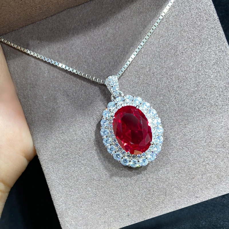 

Solid 925 Sterling Silver with Created Ruby Diamond Gemstone Wedding Engagement Pendent Necklace luxury jewelry